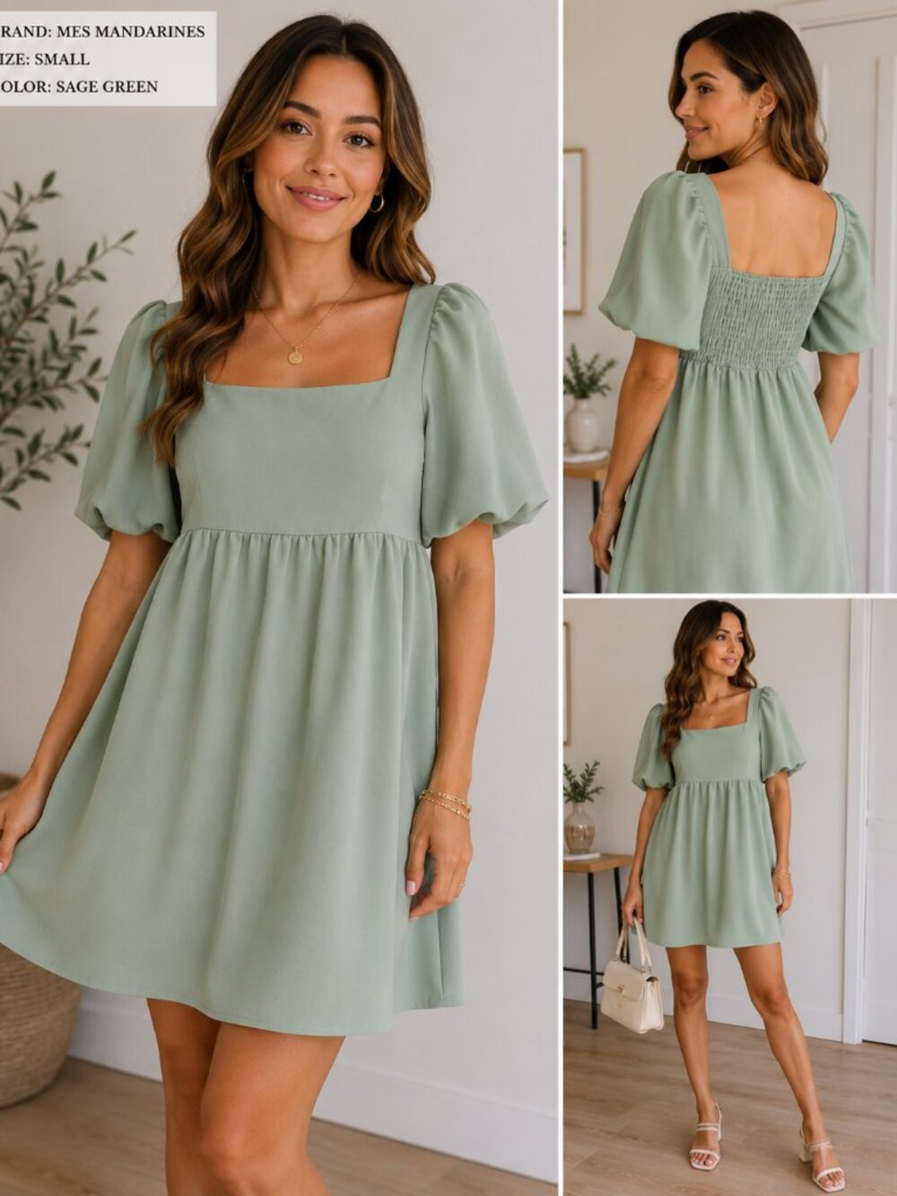 Mes Mandarines Sage Green Puff Sleeve Mini Dress Small